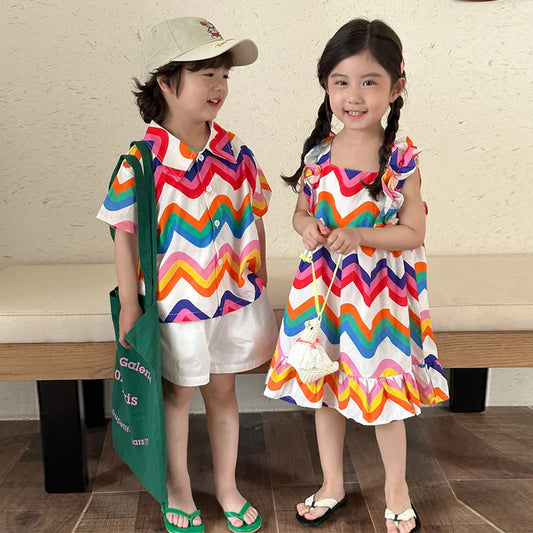 Beach Wavy Pattern Dress Sibling Matching Short Set