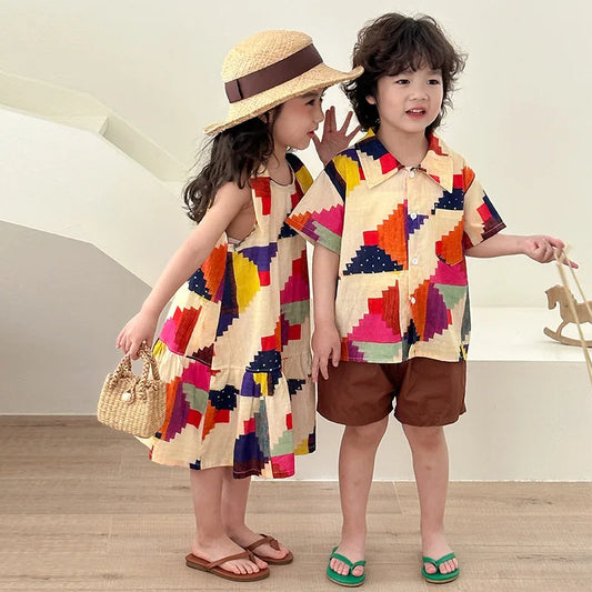 Colorful Print Sleeveless Dress Siblings Matching Outfit