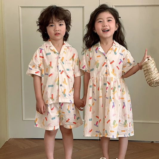 Printed Shirt Set Dress Siblings Matching