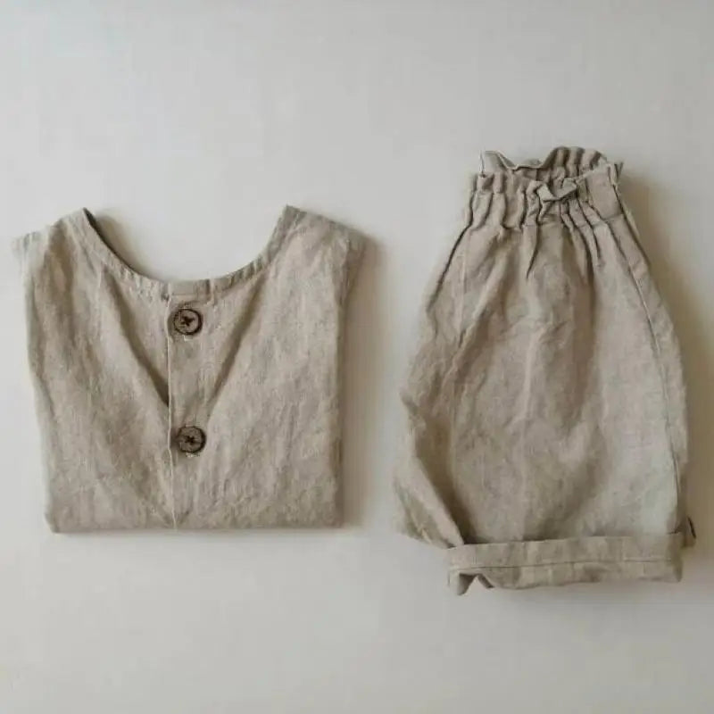 Solid Tee and Cotton Linen Shorts Set